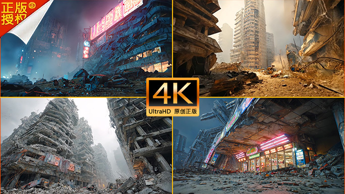 末日废墟城市片头 赛博朋克城市灾难背景