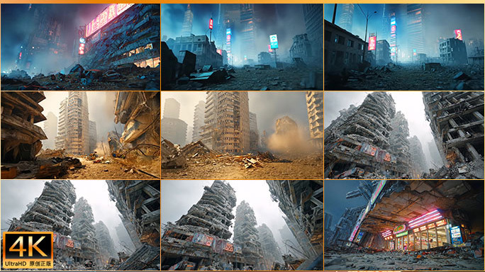 末日废墟城市片头 赛博朋克城市灾难背景