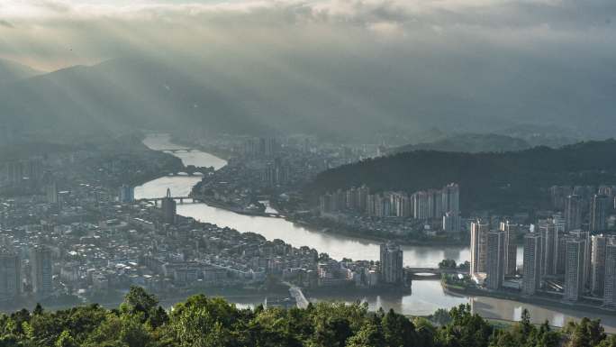 雨后放晴的雅安城航拍延时山水城市景观