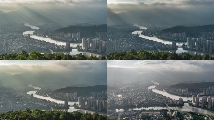 雨后放晴的雅安城航拍延时山水城市景观