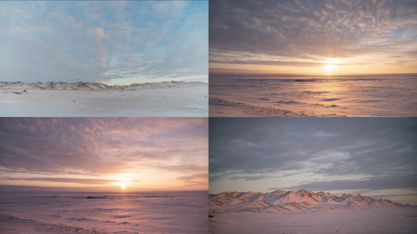 新疆 雪原日落风光 冬天戈壁滩