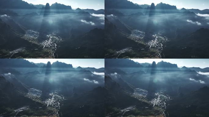 航拍日出下云雾缭绕的甘南扎尕那自然风光