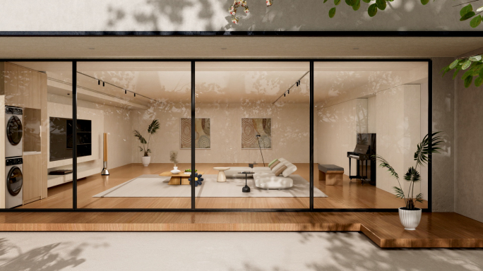 高端别墅客厅泳池草地自然环境