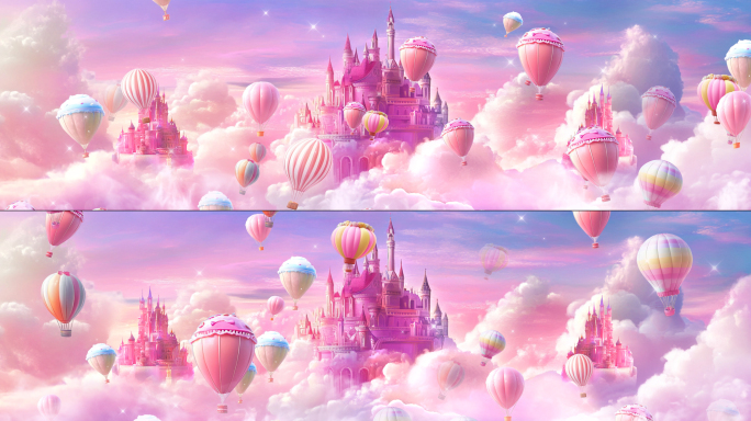 8k粉色梦幻天空城堡卡通童话背景
