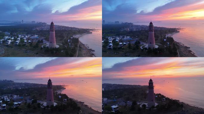 日出时分的灯塔海岸线