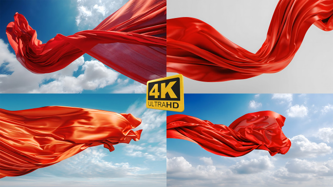 蓝天白云背景下红色绸缎飞舞飘动片头