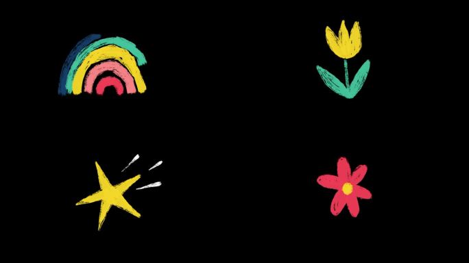 蜡笔儿童画动画包。充满趣味的手绘循环涂鸦，包含花朵、恐龙、独角兽、星星、太阳、彩虹、汽车等。可爱的儿