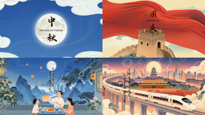 中秋国庆国潮风片头AE模板