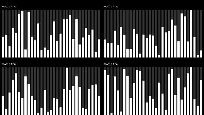 动态图表信息图，黑色背景和白色垂直条形图展示统计数据分析和商业绩效可视化，用于报告和演示。