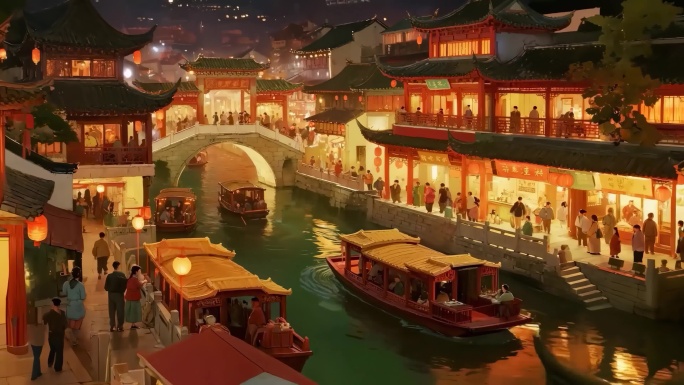 古风城镇夜市繁华景象 中国古镇