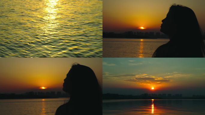 4K夕阳下江边女性 波光粼粼唯美女性