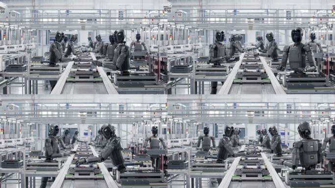 3D动画：自主AI驱动的人形机器人在工厂的装配线上工作。工业自动化AI加速：先进机器人在工业环境中处