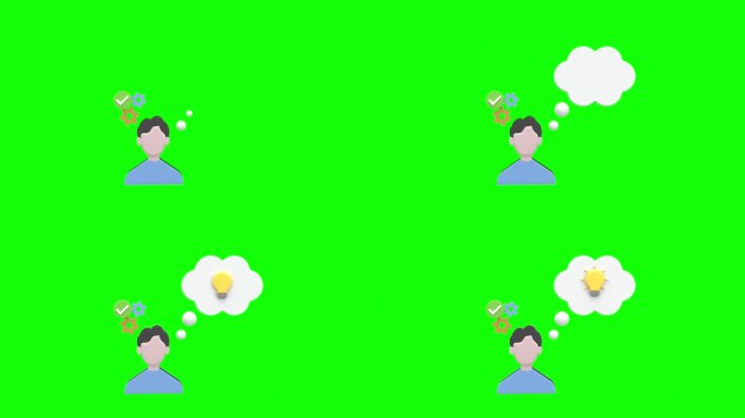 3D动画 创意思维与创新，人物头顶有包含灯泡的思维泡泡，创意、问题解决、头脑风暴和心理生产力，带有透
