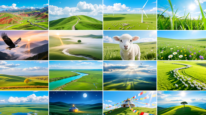 草原风光河流牛羊马儿航拍草原美景