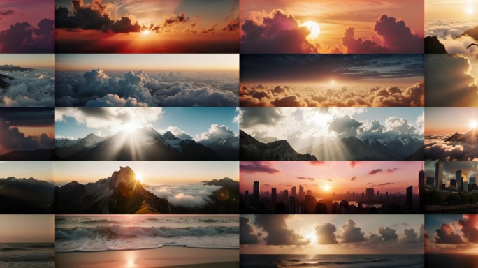 夕阳云海山峰云海光线交织日出日落日照金山