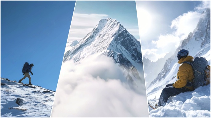 雪山登山攀登爬山成功登顶山顶励志日照金山