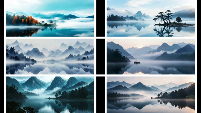 国风宽屏水墨山水湖景_7款