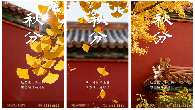 秋分立秋秋天竖屏故宫红墙银杏AE模板