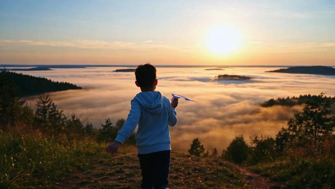 纸飞机飞过大海长城云海楼顶金融商务梦想