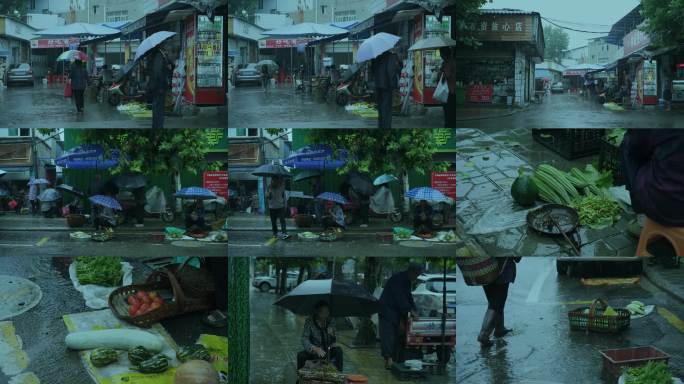 下雨的街头 下雨卖菜的人