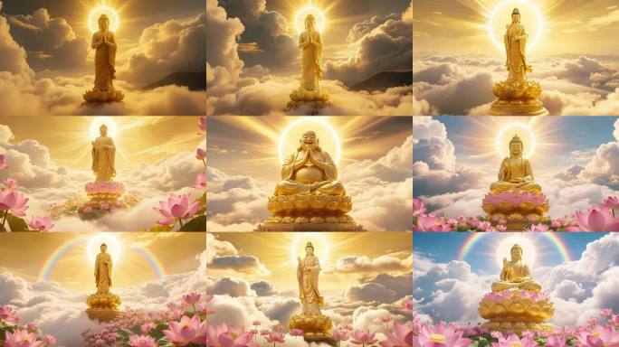佛光普照，金佛，观世音，莲花座上的佛像