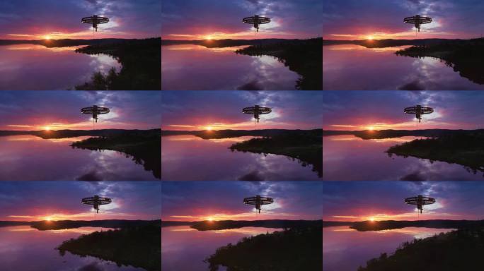 未来派外星飞船悬停在五光十色的日落下方的发光湖面上。