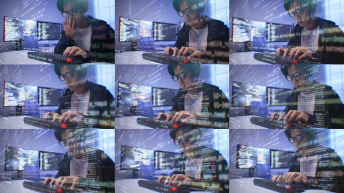 程序员在键盘上输入代码，背景为网络安全和人工智能编程，现代编码和机器学习开发概念。