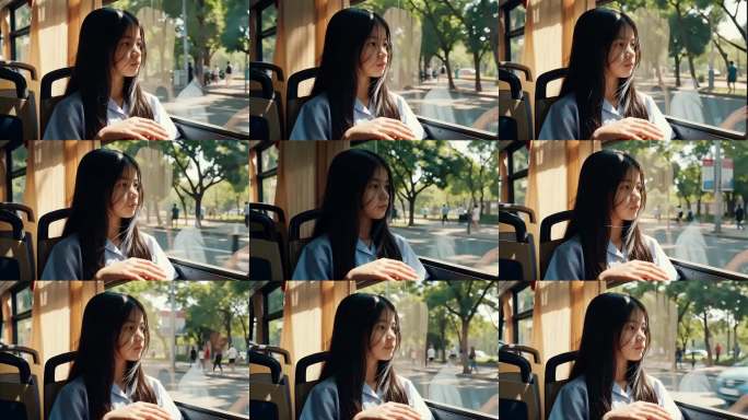 公交车上的窗边少女