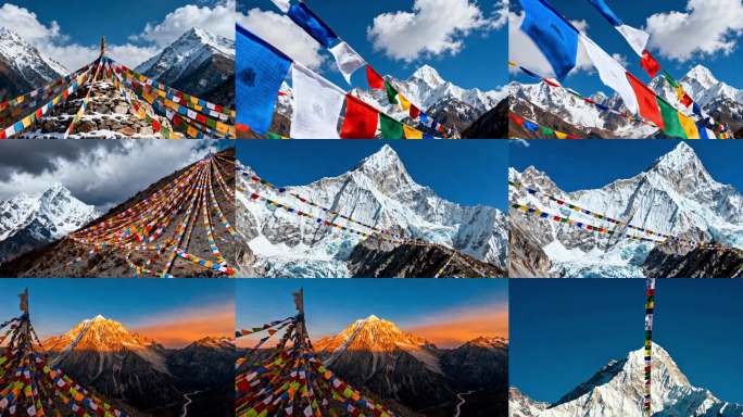 藏地雪山经幡祈福高原风光