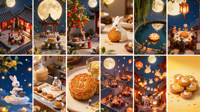 中秋节团圆3D卡通中国风微缩传统节日竖屏