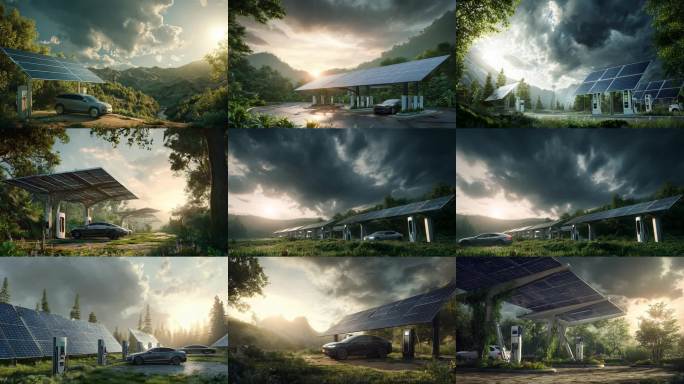 新能源汽车绿色充电山间太阳能充电站风光