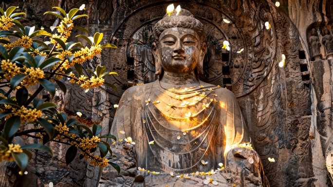 佛像石刻与桂花飘落