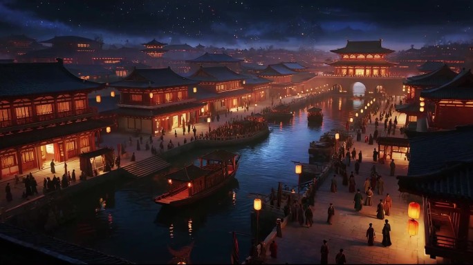 大唐古风城市夜景  古代繁华夜景