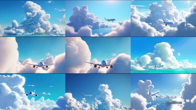 蓝天白云飞机飞行飞机穿越云海动画