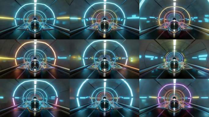 未来飞行器穿越霓虹隧道