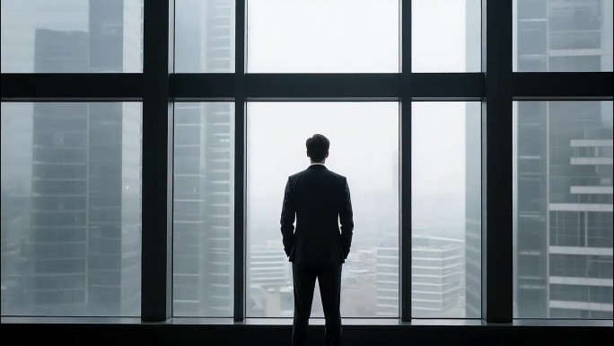 商务男士站在巨大落窗看远方握手展望