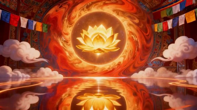 藏族彩旗莲花经幡祥云倒影转舞台背景LED