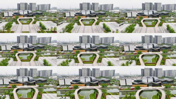 航拍现代建筑群与水景