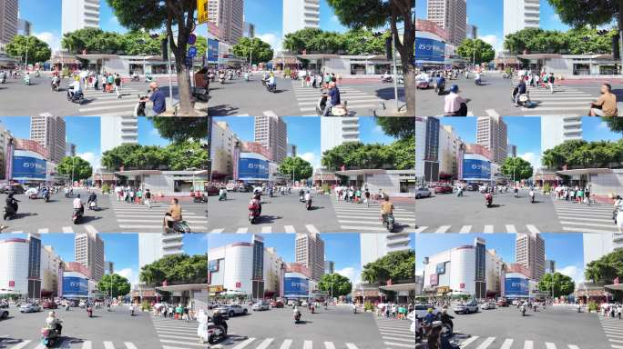 广西南宁朝阳广场城市十字路口交通繁忙景象