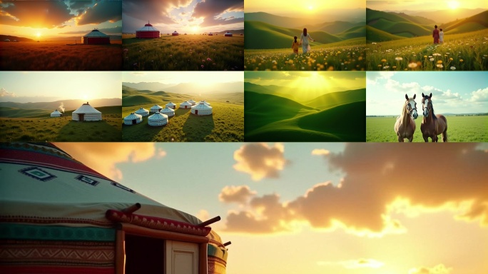 草原日落蒙古包风光 草原骏马星空延时摄影