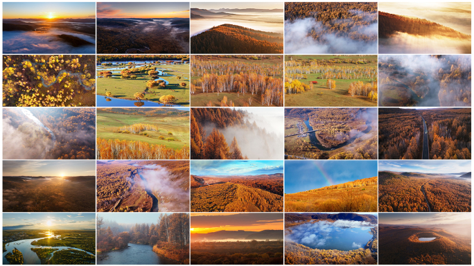 大兴安岭秋天风景白桦林森林晨雾彩林延时