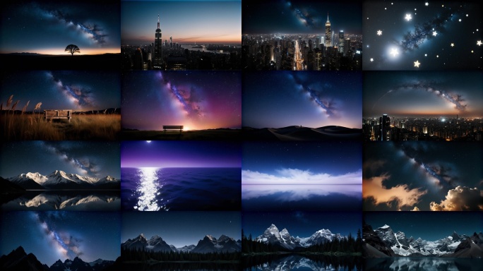 星空银河延时摄影 城市夜景与星空交辉