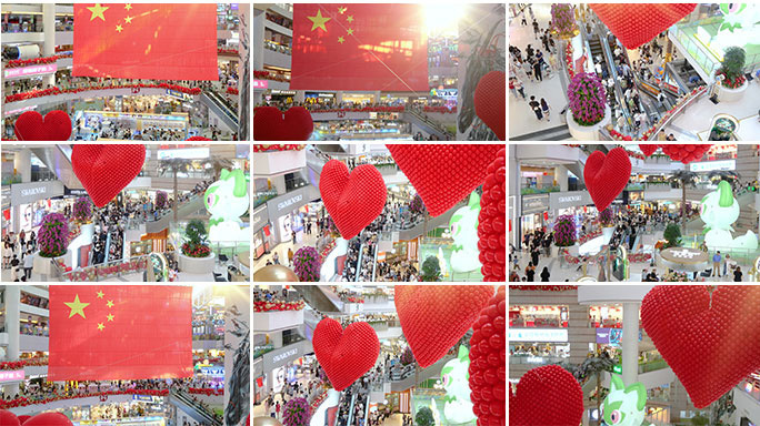 中国红国庆商场装饰商圈节假日人流穿梭延时