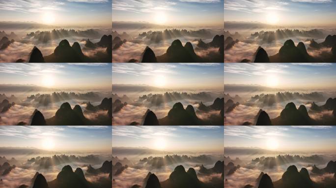 航拍桂林漓江上空的日出云海