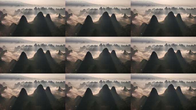 航拍桂林漓江上空的日出云海