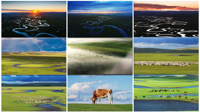 呼伦贝尔大草原莫日格勒河日出日落牛马羊