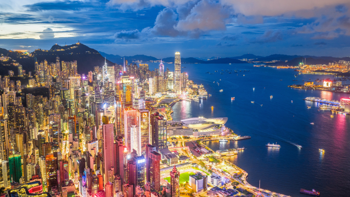 香港夜景航拍延时，大湾区夜景，城市夜景