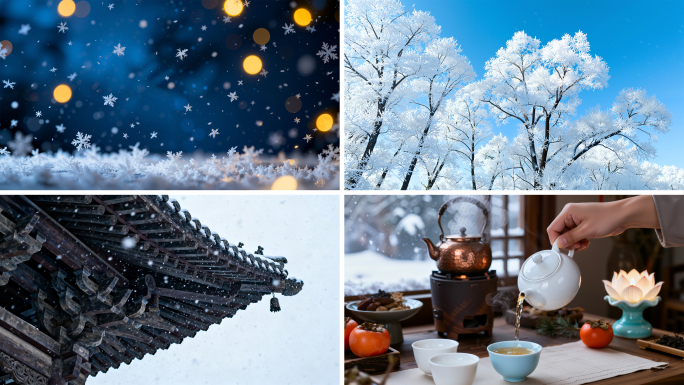 冬天暖阳雪景唯美雾凇冬日冬季森林下雪飘雪