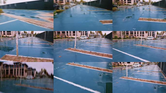 雨后蓝色地面停车场