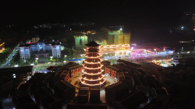 航拍广西大化古塔楼夜景灯光秀